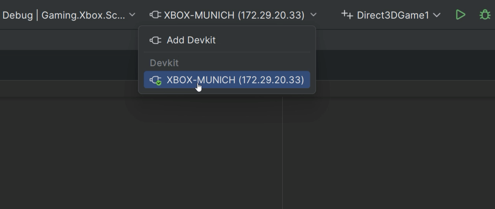 Rider's main toolbar showing a "connect to device" drop-down, including an Xbox