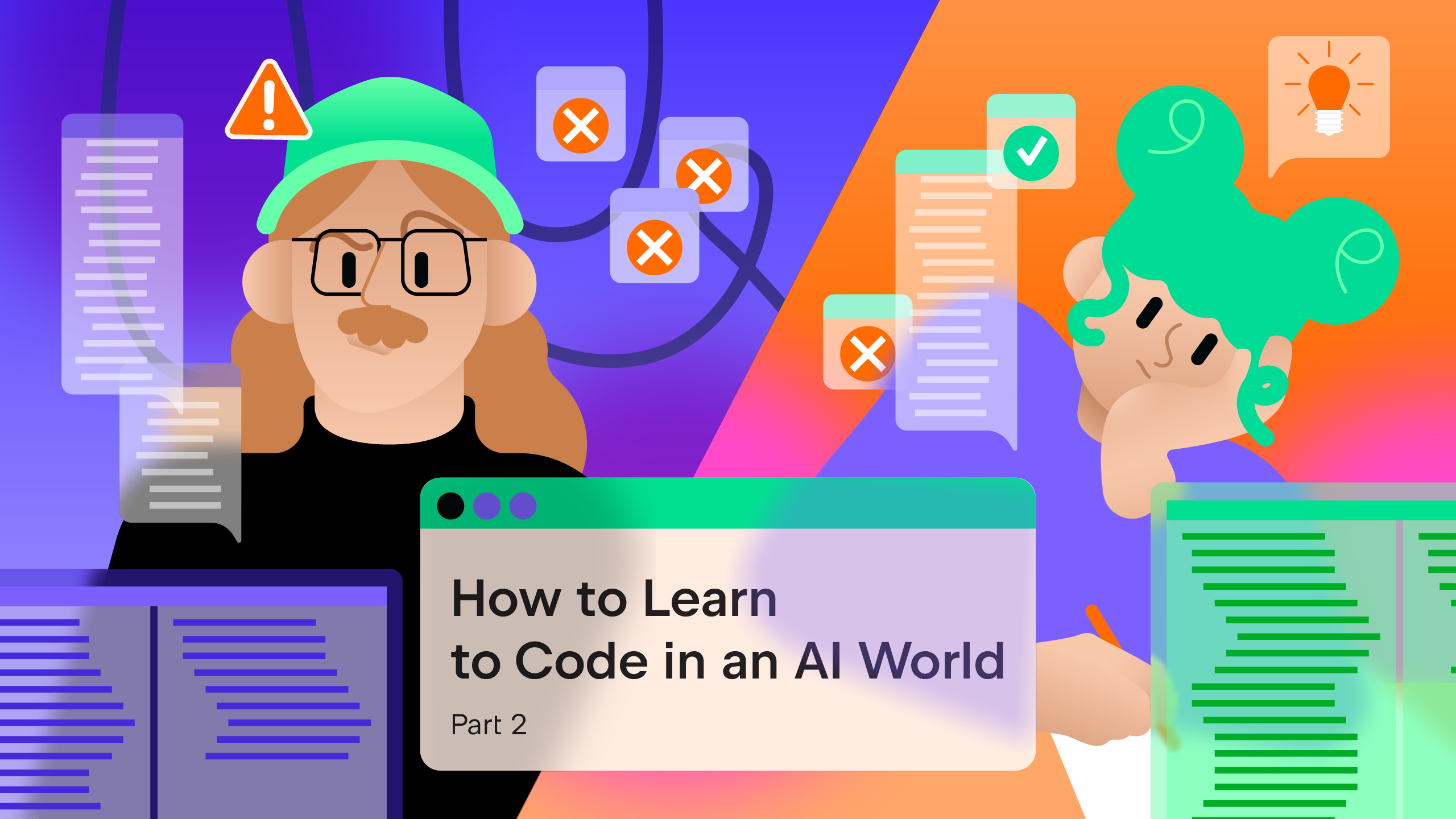 Two beginner programmers are depicted. One is struggling to learn programming and one is not, one offloads their thinking to AI and misses crucial concepts, and one prioritizes the thinking skills.
