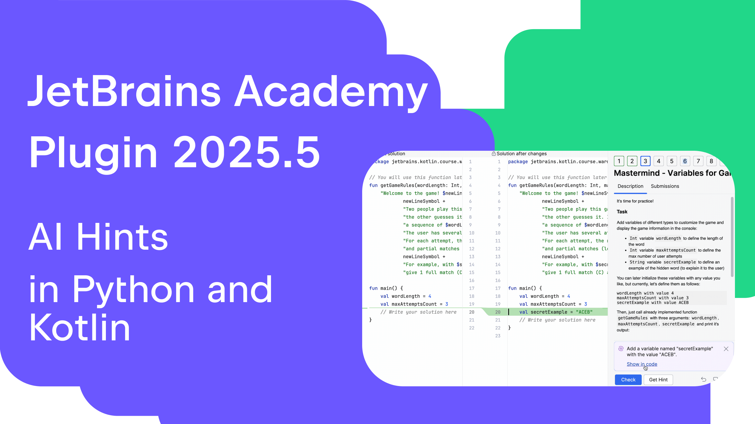 JetBrains Academy plugin showing in-IDE AI hints for code improvement in Kotlin and Python.